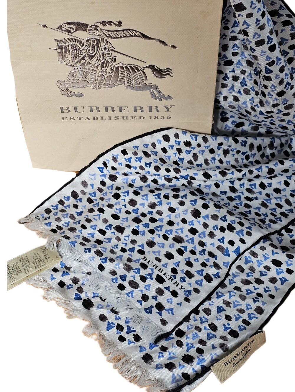 Burberry Blue Black & White Modal & Cashmere Lightweight Scarf - Picture 3 of 12